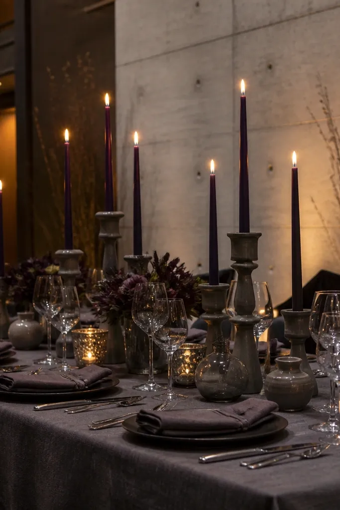 Eggplant table settings with smoky gray runners and silver candleholders