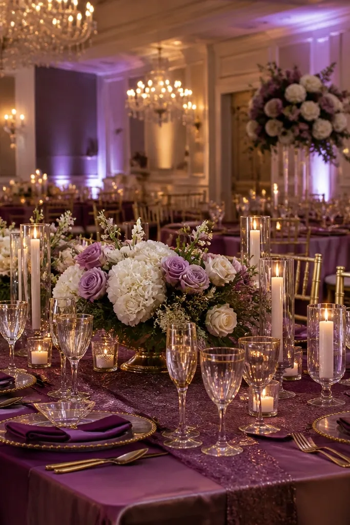 Dusty plum florals with champagne glassware and warm cream candles
