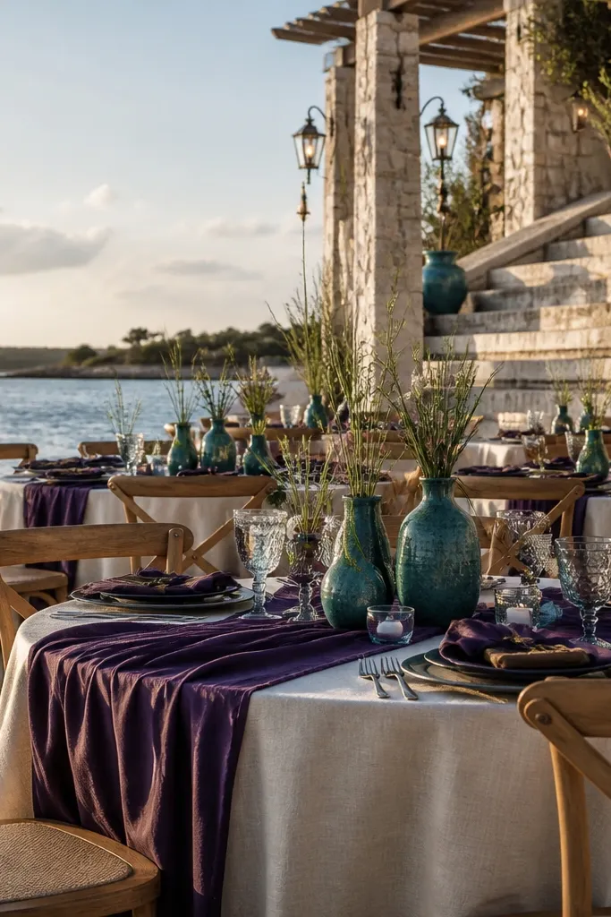 Grape purple bouquets with teal accents on oyster table linens