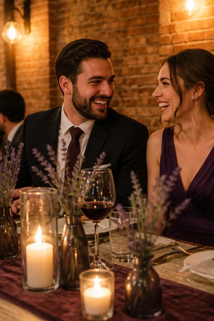 Burgundy table décor with lavender accents and warm linen napkins