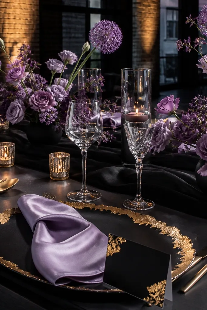 Lilac signage with black table runners and gold-leaf candle holders