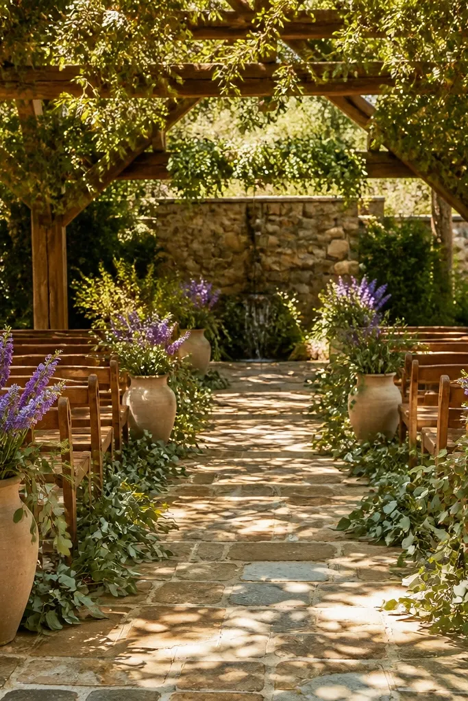 Violet ribbon with camel linens and deep green leaf garlands