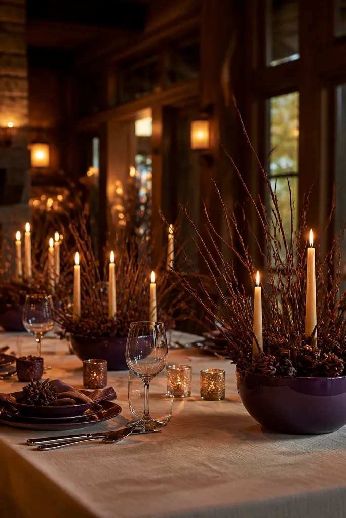 Plum florals with cocoa brown accents and ivory table linens