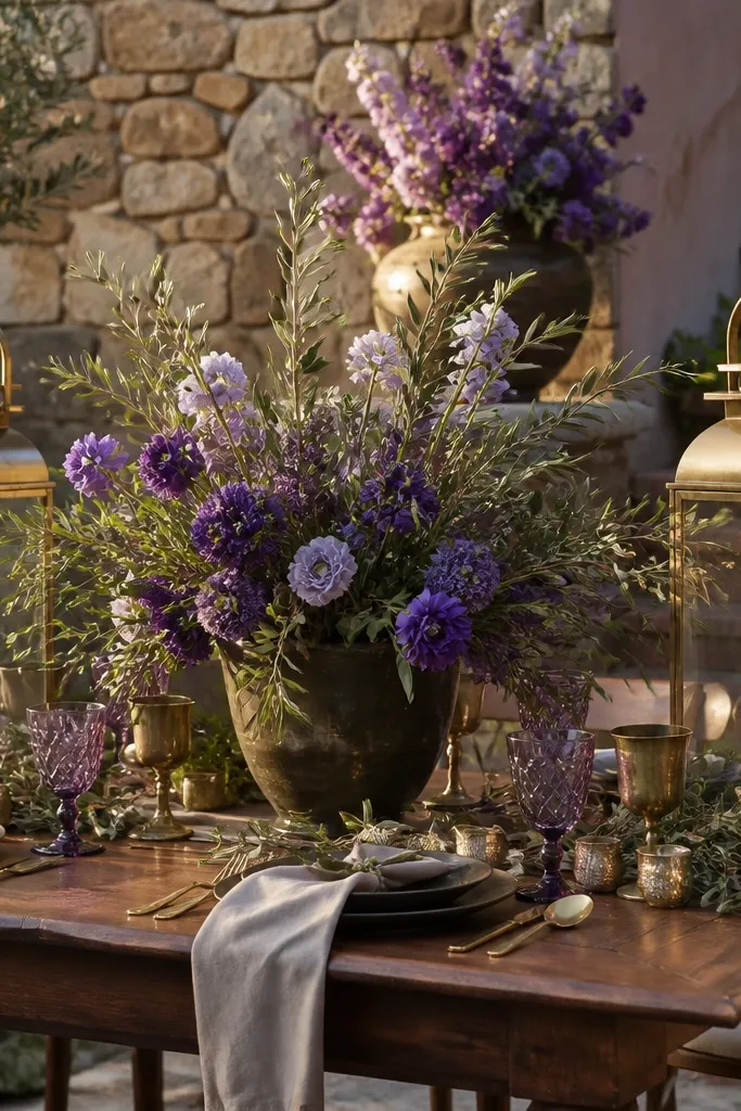Amethyst blooms with olive leaves and antique brass candle decor