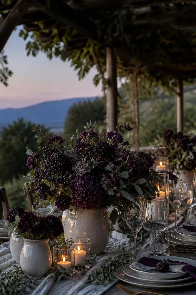 Blackberry purple centerpieces with sage greenery on smoky white linens