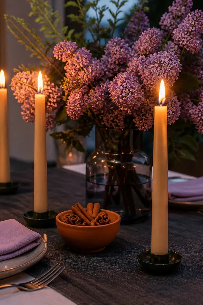 Lilac petals with cinnamon-brown accents and soft charcoal table settings