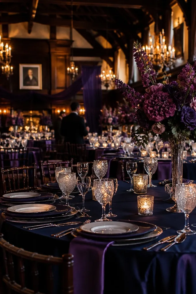 Plum bouquets with navy napkins and antique pearl candle accents