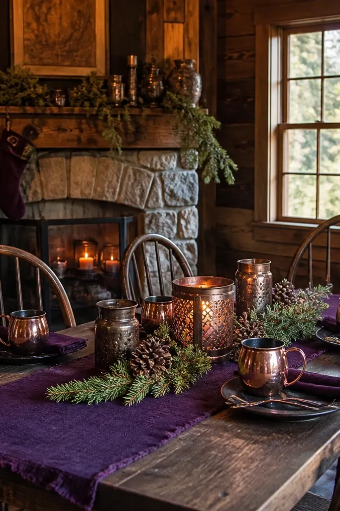 Grape purple florals with moss greenery and copper candle decor