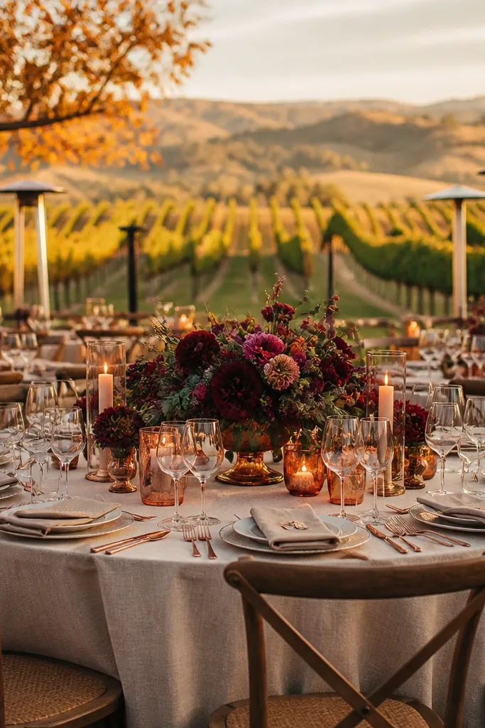 Cranberry purple linens with copper accents and oat-colored florals