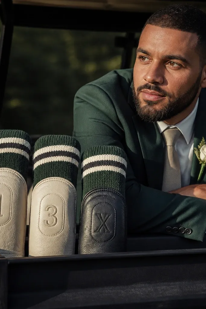 Golf bag with custom headcovers lined up on a green edge.