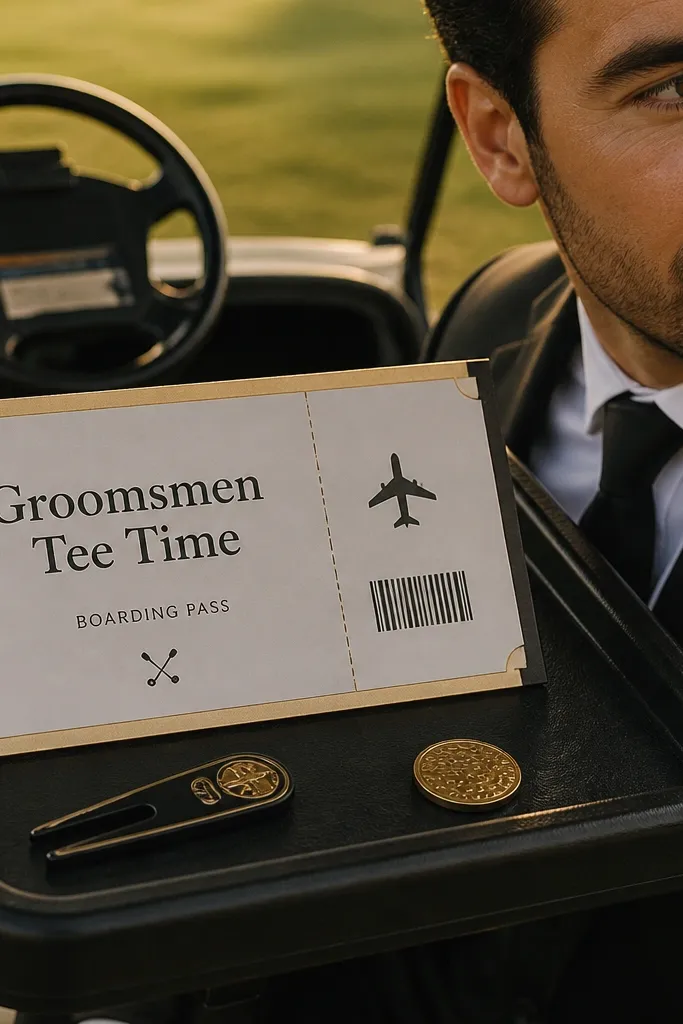 Boarding-pass style cards laid on a cart tray with golf clubs.