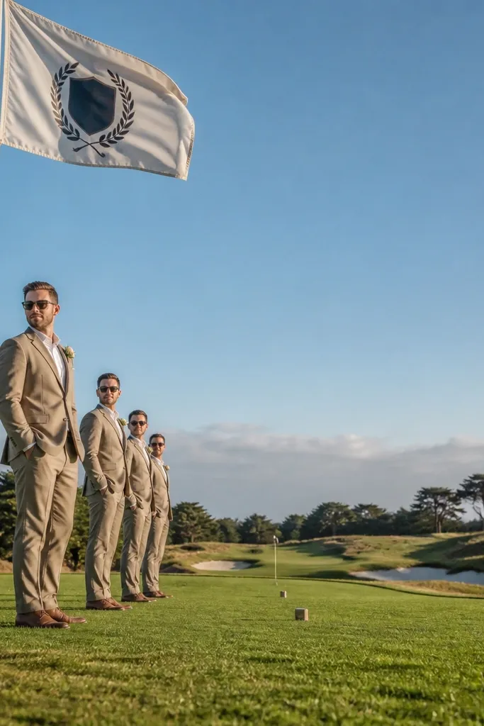 Small custom flags on tee markers at a par 3 with golfers posing.