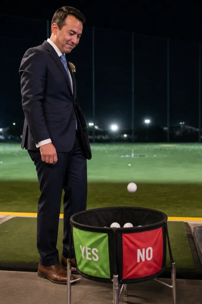 Driving range bucket with labeled balls and a group holding golf clubs.