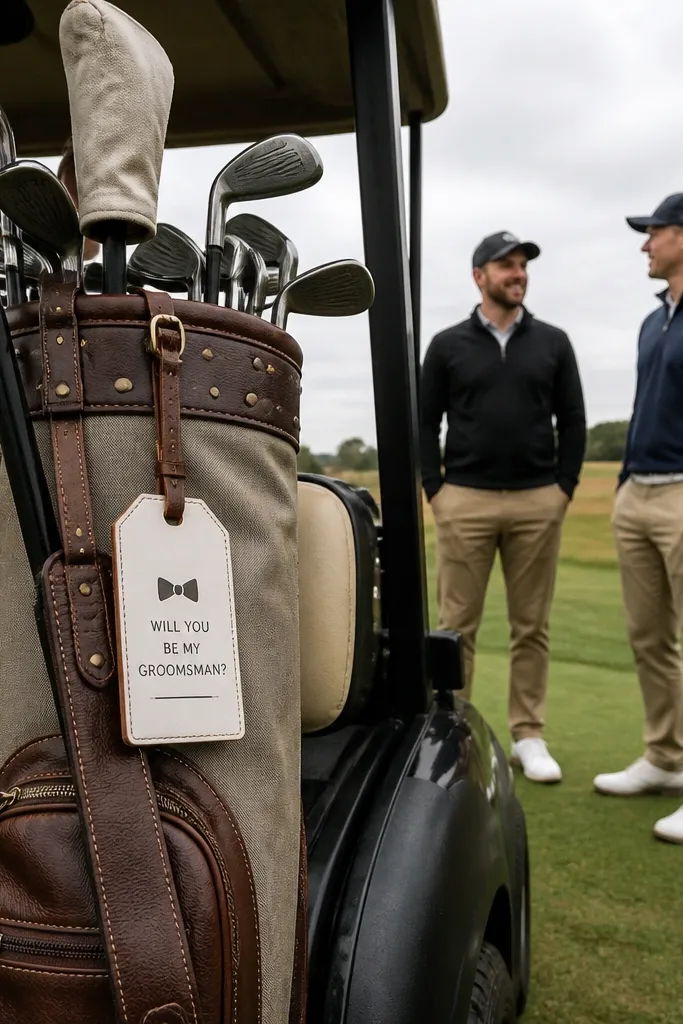 Golf cart with bag tags hanging and men posing near the clubhouse.