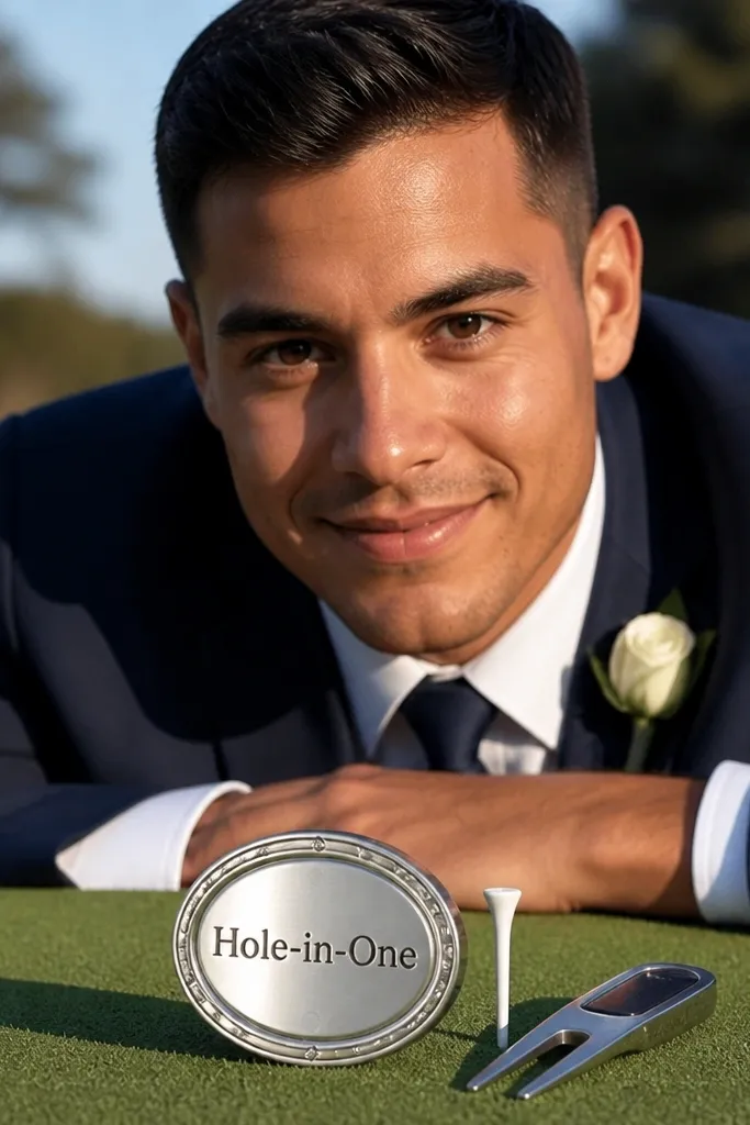 Custom ball markers on a putting green with names visible.