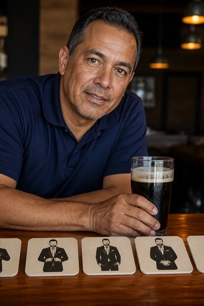 Printed coasters on a bar with a group holding drinks and smiling.