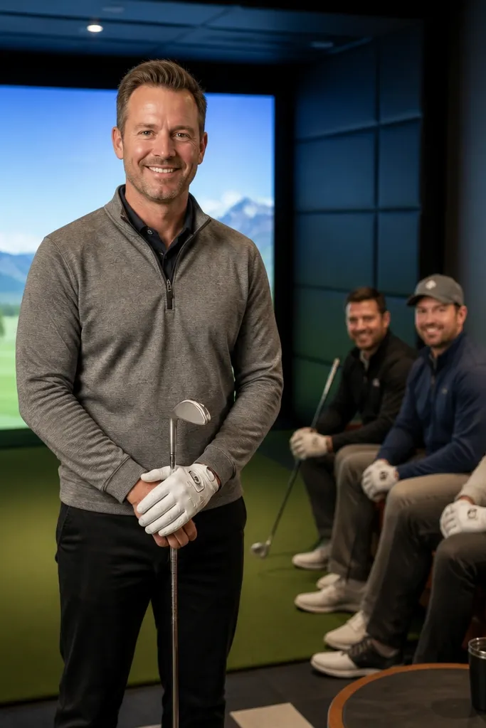 Golf simulator screen with a simple score overlay and a crew posing indoors.