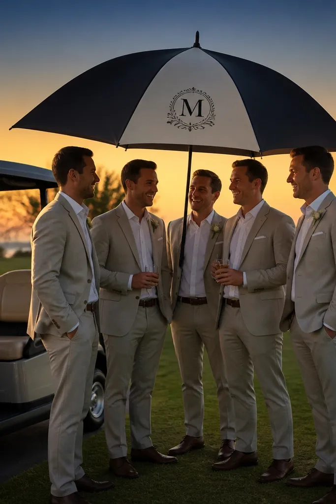 Monogram umbrella next to golf cart at sunset with group posing.