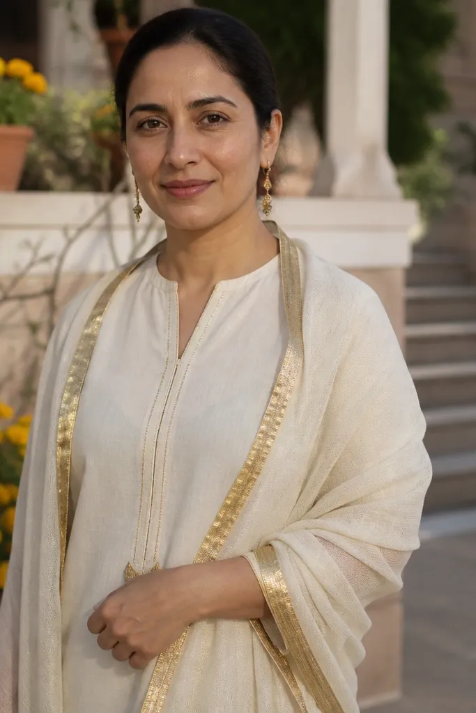 Ivory straight kurta with short sleeves and a gold bordered dupatta