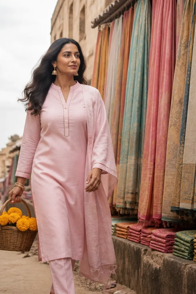 Powder pink chanderi kurta with straight pants and minimal border work