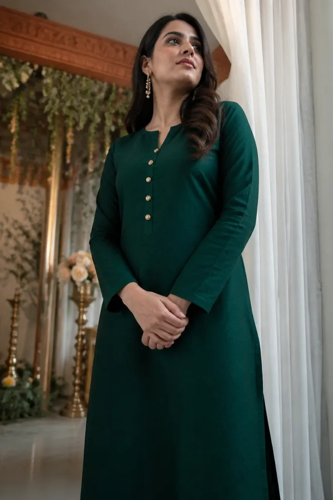 Deep emerald straight kurta with short sleeves and matte gold buttons