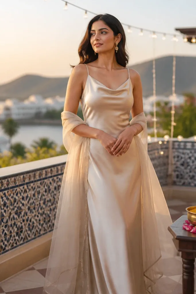 Champagne slip dress with a chiffon dupatta draped over shoulders