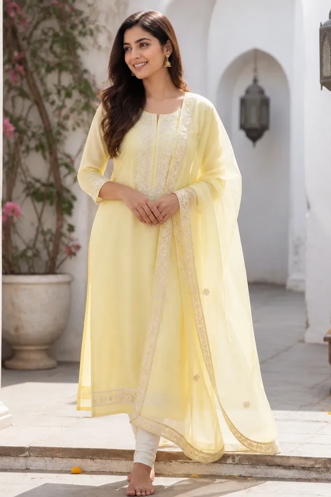 Soft yellow kurta with ivory churidar and a light organza border dupatta