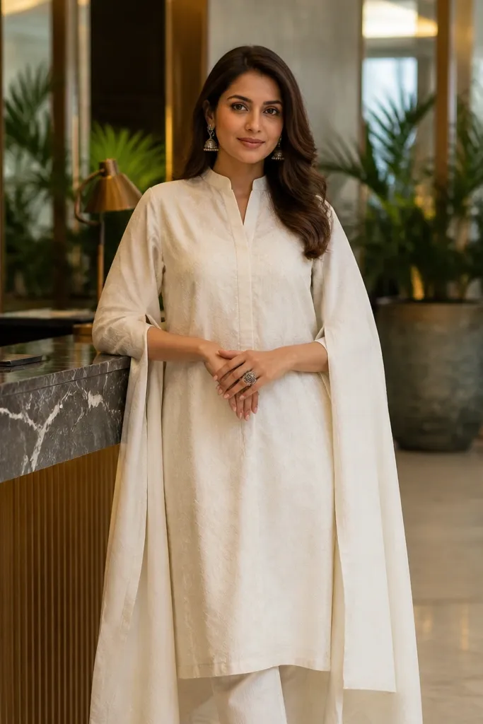 Ivory cape-style kurta with wide sleeves and a simple neckline