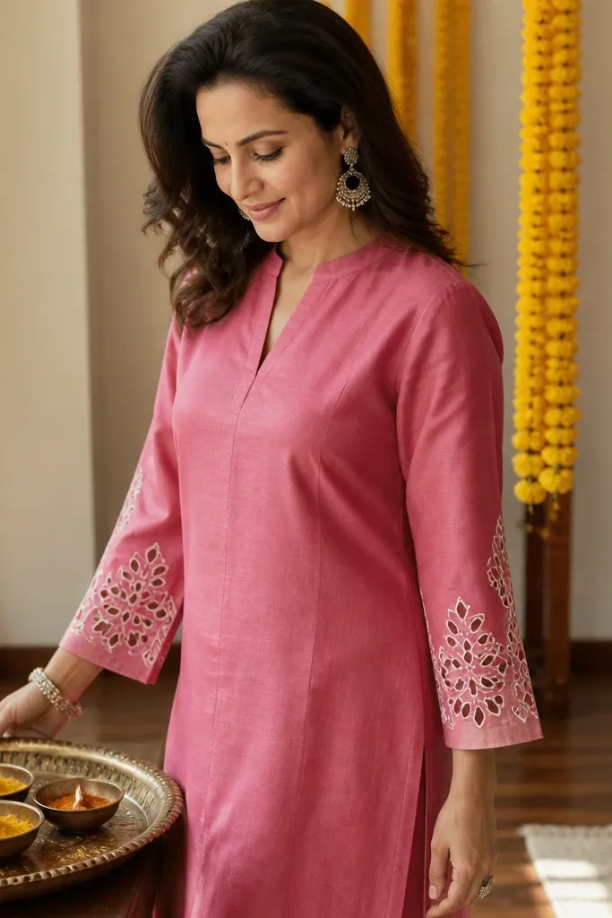 Rose pink straight kurta with cutwork cuffs and minimal front detailing