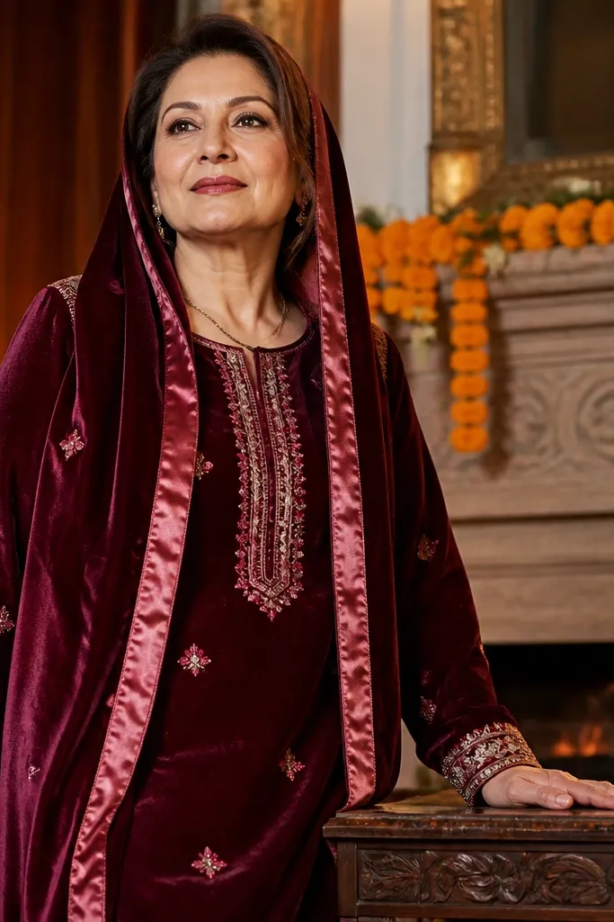 Maroon kurta with a soft velvet-like texture and satin bordered dupatta