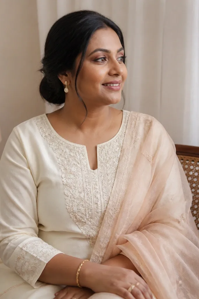 Ivory kurta with embroidered neckline and a light peach dupatta