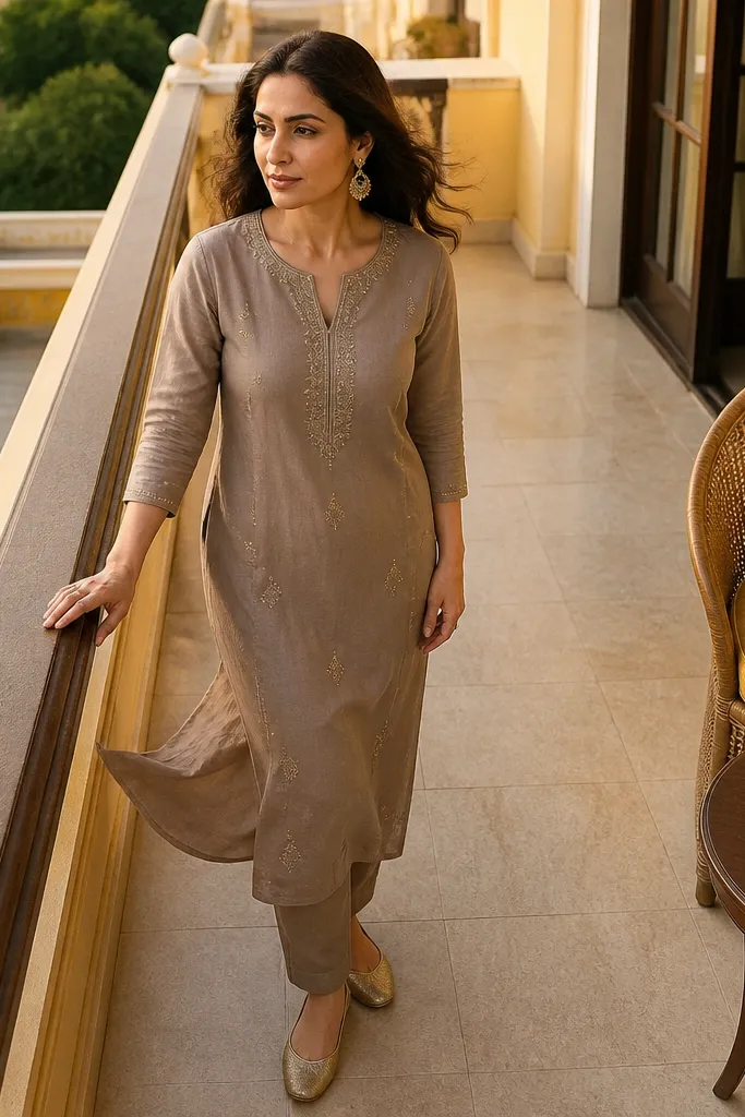 Taupe kurta set with matte finish and minimal gold thread work