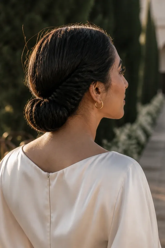 Low bun at the nape made from a tight rope twist