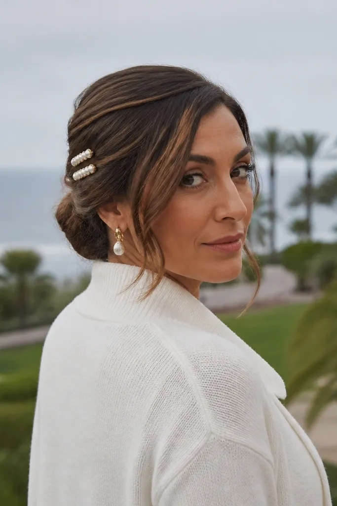 Low bun with smooth sides and a gentle side swoop clip near the bun