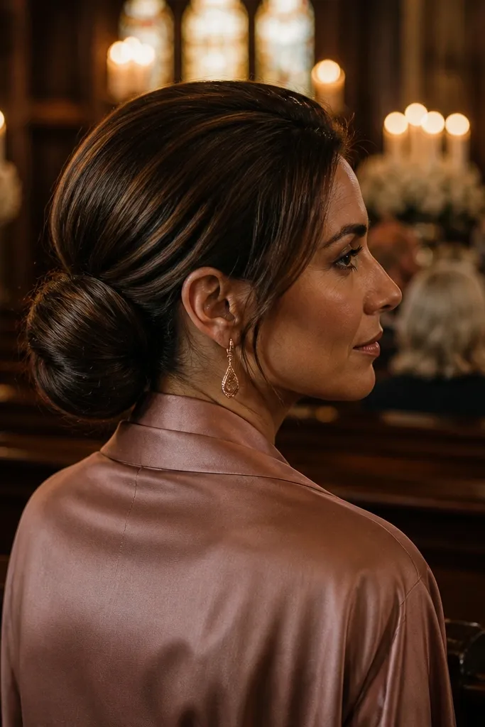 Low chignon bun with a smooth wrap and no visible elastic