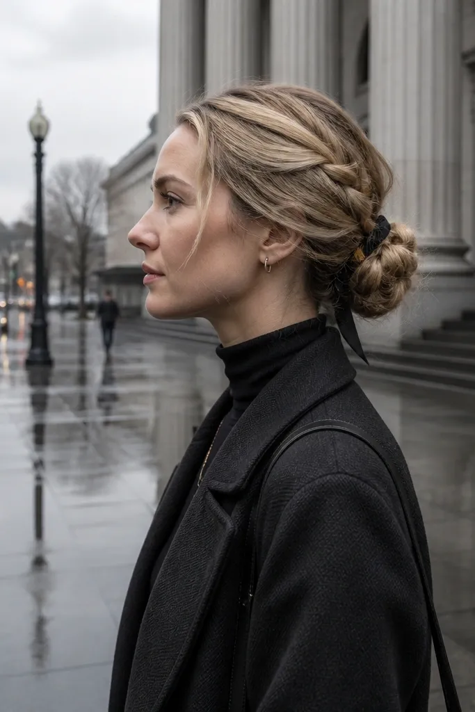 Low bun made from small twists and tucked ends