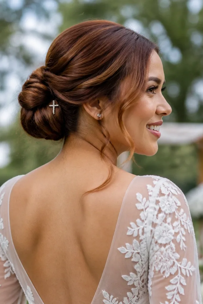 Low bun with visible cross-pin placement hidden by hair wrap