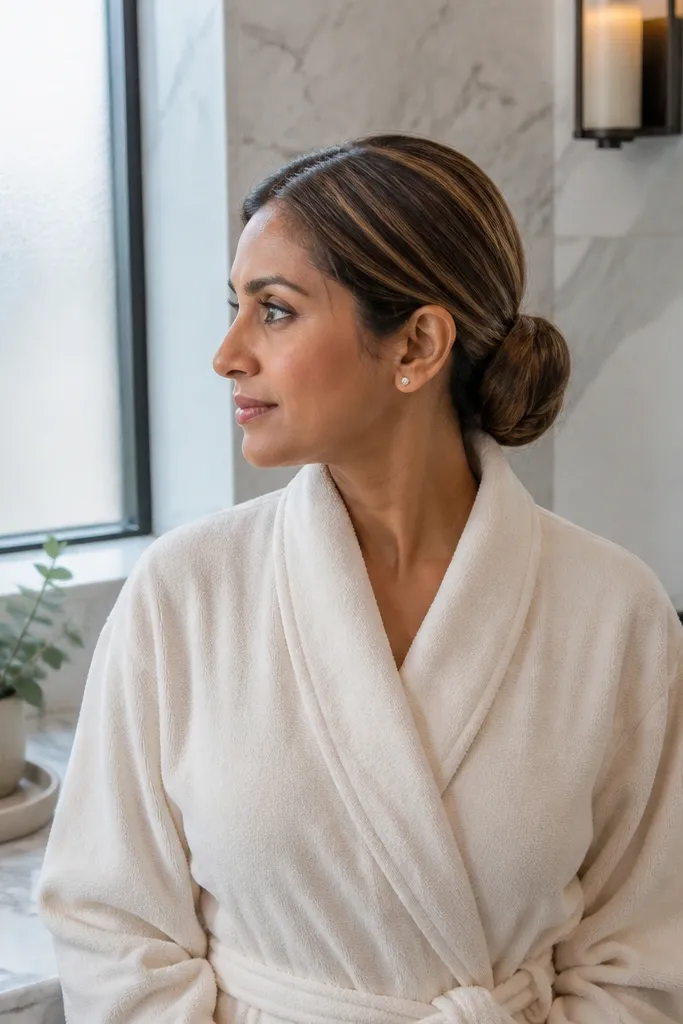 Low bun with a smooth wrap and no visible sponge