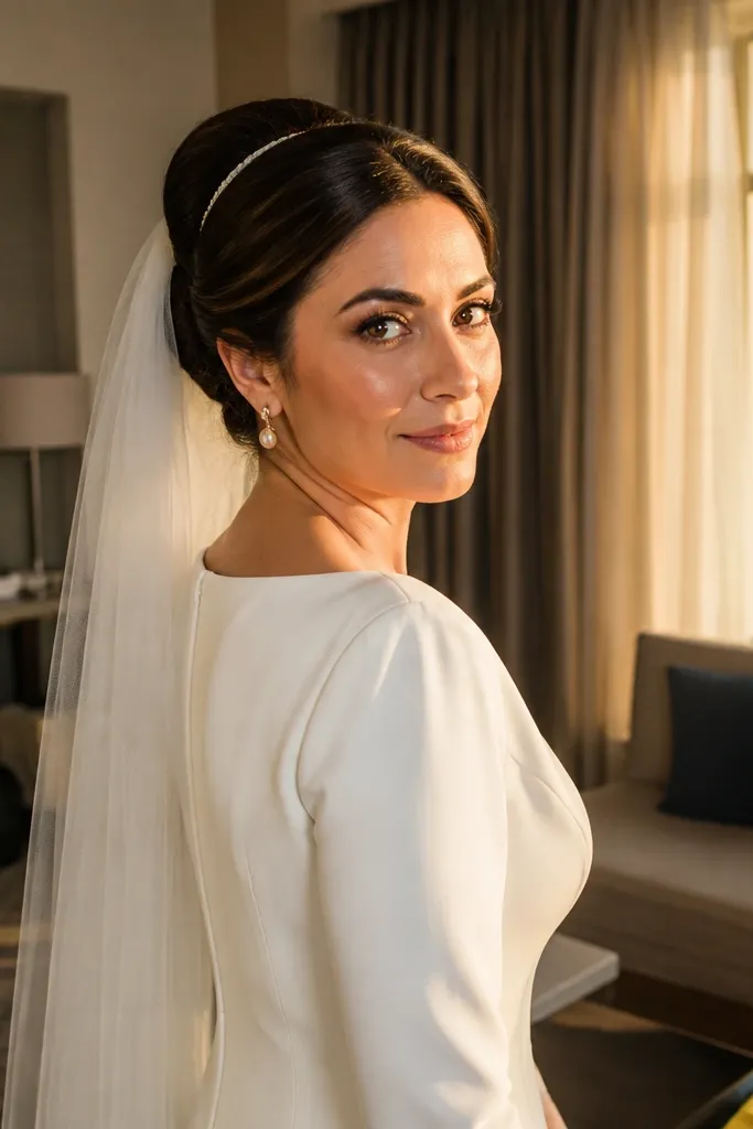 Low bun with a thin headband wrap that helps hold hair