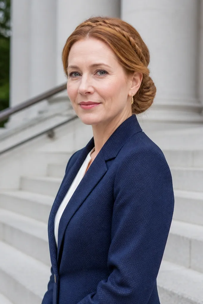 Low bun with a braided crown accent near the part line