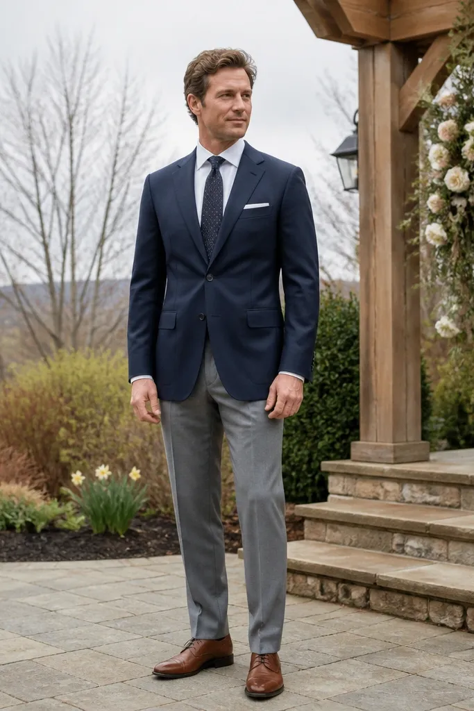 Navy blazer with light gray trousers, white shirt, and brown leather boots