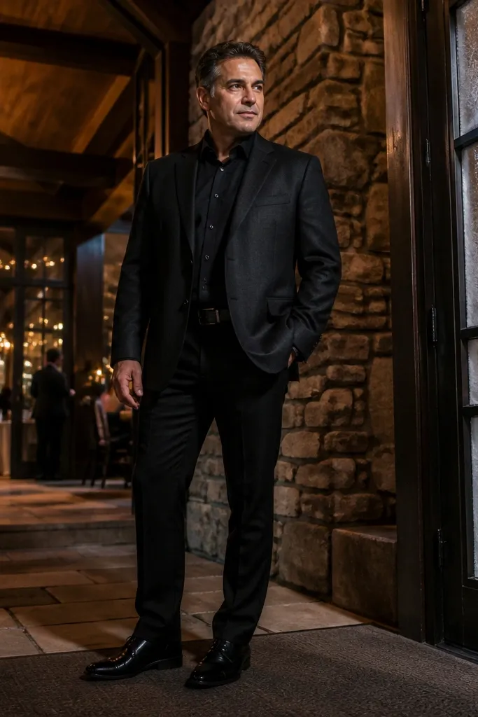 Charcoal blazer with black trousers, black shirt, and black leather dress shoes