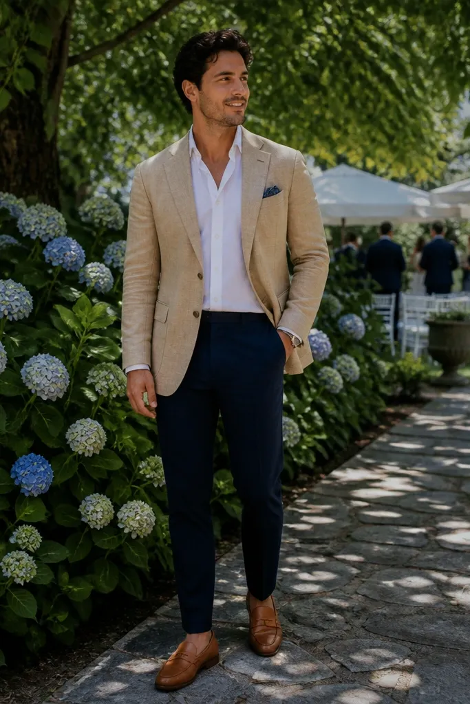 Tan linen blazer with navy trousers, light blue shirt, and tan loafers