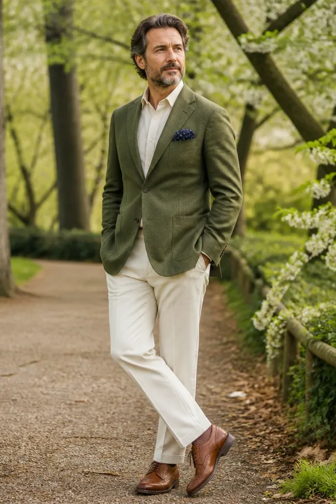 Olive blazer with cream trousers, white shirt, and brown suede boots