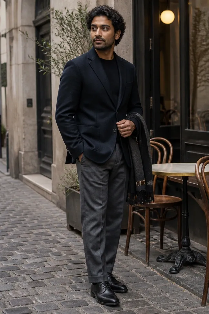Black blazer with gray flannel trousers, black shirt, and black oxfords
