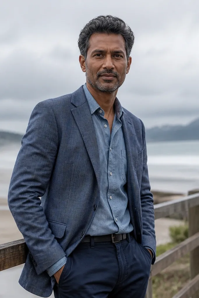 Steel blue blazer with navy trousers, white shirt, and brown leather shoes