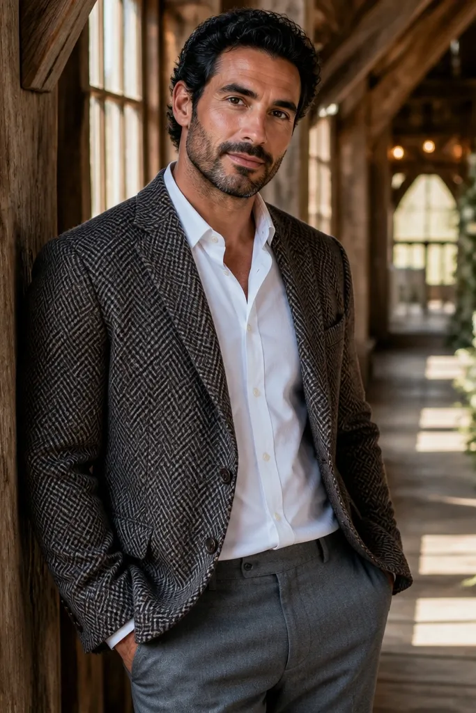 Herringbone blazer with solid gray trousers, white shirt, and black leather shoes