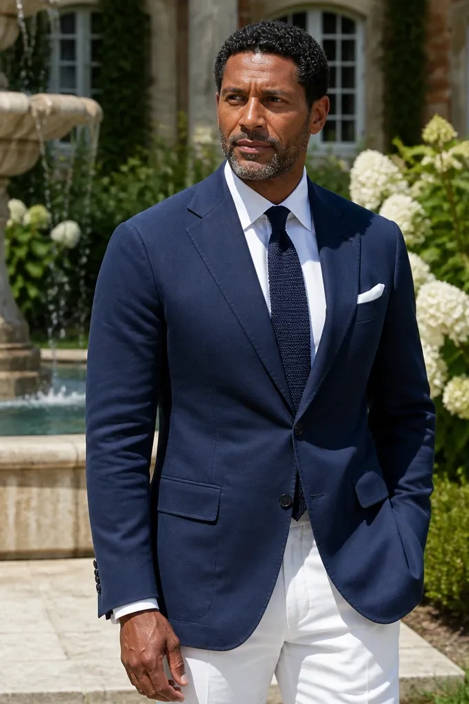 Navy blazer with white trousers, light blue shirt, and a navy knit tie