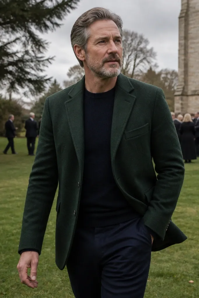 Forest green blazer with navy trousers, white shirt, and brown leather shoes