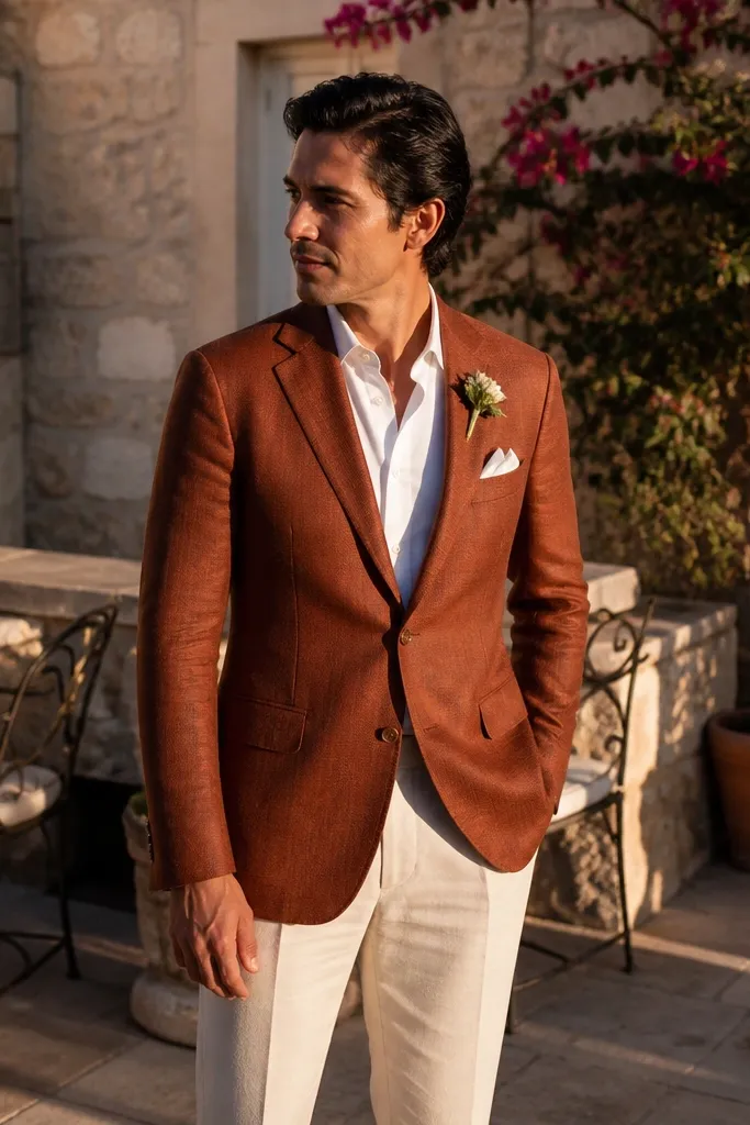 Rust blazer with cream trousers, white shirt, and tan leather loafers